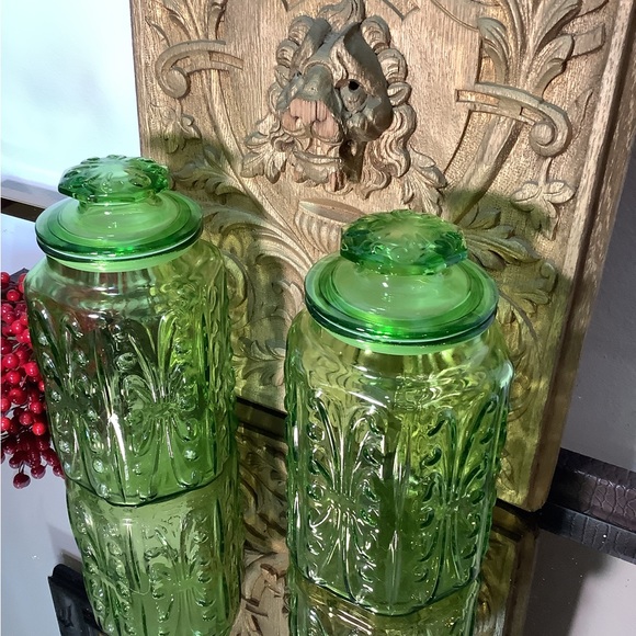 Vintage LE Smith, imperial apothecary, glass jar, green, scroll canisters - Picture 2 of 7